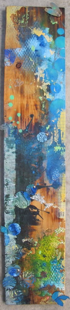 Senescence Gouache & spray paint on recycled timber, tinted beeswax, distressed lace fragments